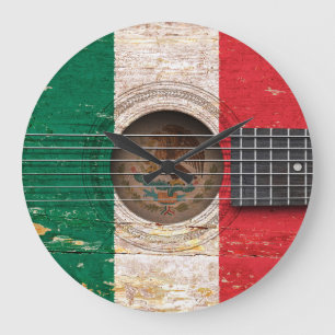 Relógio Grande Bandeira mexicana na guitarra acústica velha