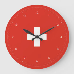 Relógio Grande Bandeira Suíça Cruz Branca e Números de Hora Claro