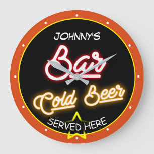 Relógio Grande Bar Qualquer Nome Faux Neon Red Dourado Orange Ret