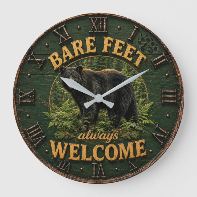 Relógio Grande Bare Feet Always Welcome Rustic Bear Cabin (Frente)