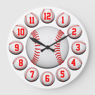 Relógio Grande Basebol branco e vermelho #2 customizável