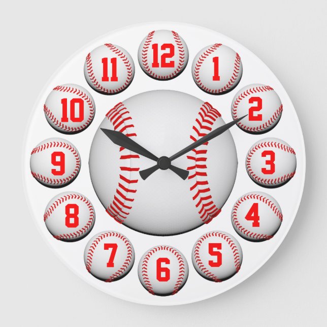 Relógio Grande Basebol branco e vermelho #2 customizável (Frente)