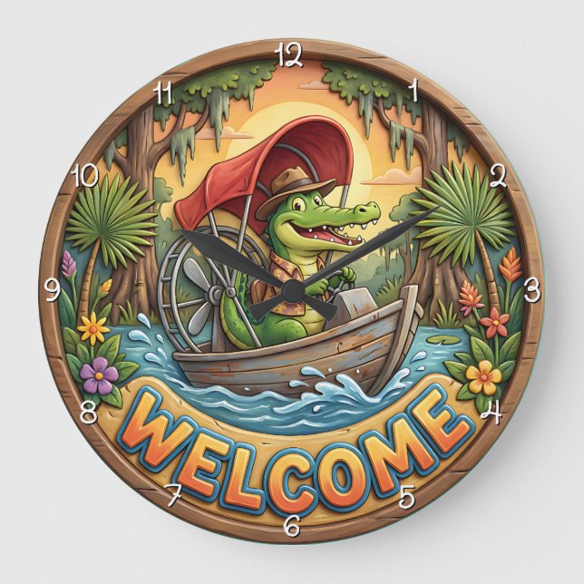Relógio Grande Bayou Welcome Airboat Jacaré (Frente)