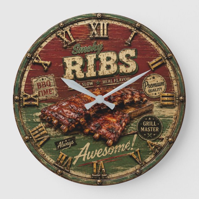 Relógio Grande BBQ Ribs Smokehouse Barbecue  Grill Master Gift (Frente)