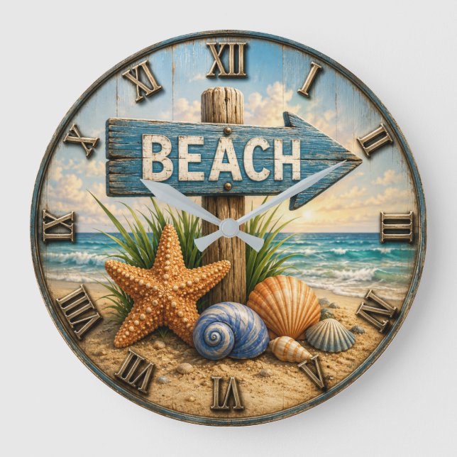 Relógio Grande Beach Direction Sign Coastal Beach House Nautical (Frente)
