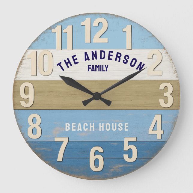 Relógio Grande Beach house family sign rustic wood (Frente)
