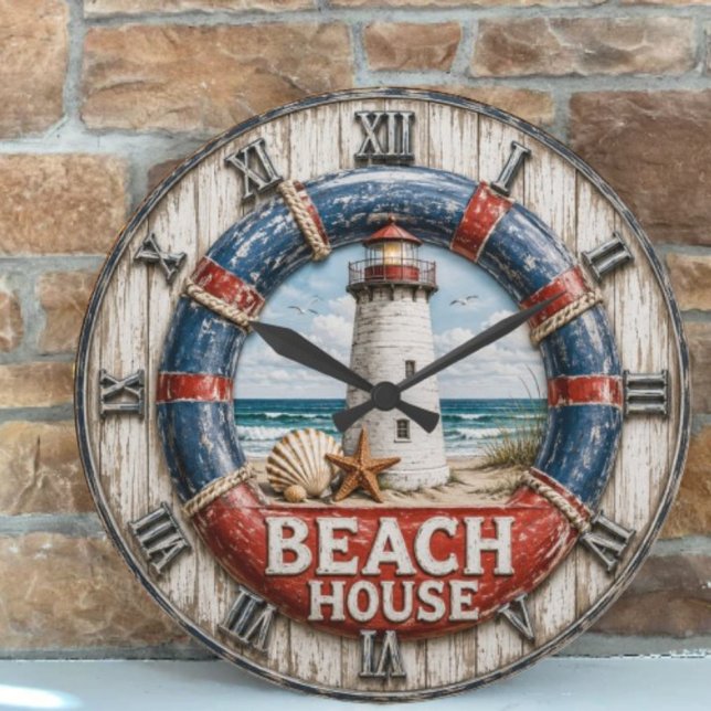 Relógio Grande Beach House Lighthouse Rustic Nautical Coastal  (Criador carregado)
