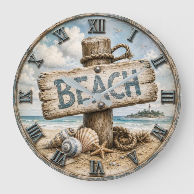 Relógio Grande Beach Sign Coastal Beach House Nautical (Frente)