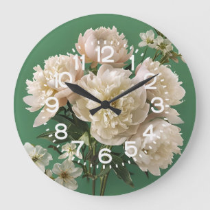 Relógio Grande Belas Peônias Brancas e Rosas em Fundo Verde
