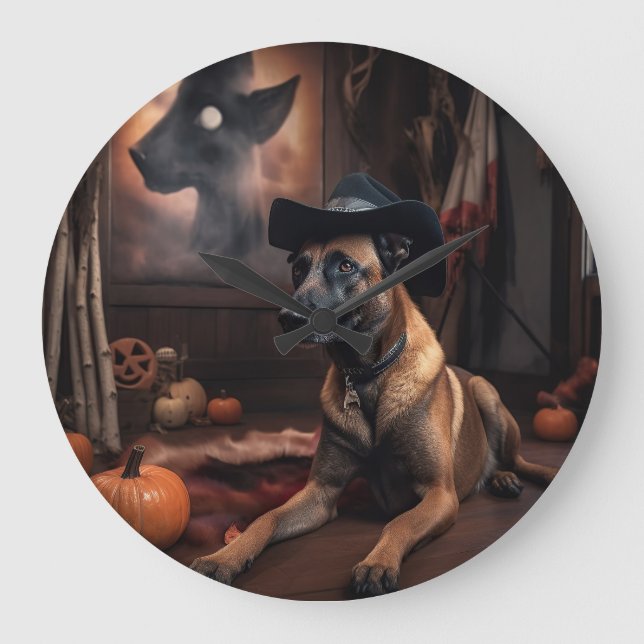 Relógio Grande Belga Malinois Pumpkins Halloween Scary (Frente)