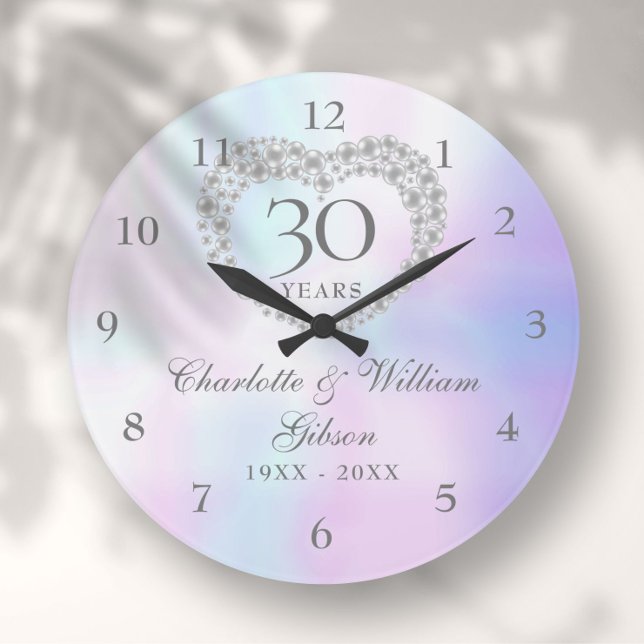 Relógio Grande Belo aniversário de 30 do Coração de Pérola (Beautiful Pearl Heart 30th Anniversary Large Clock)