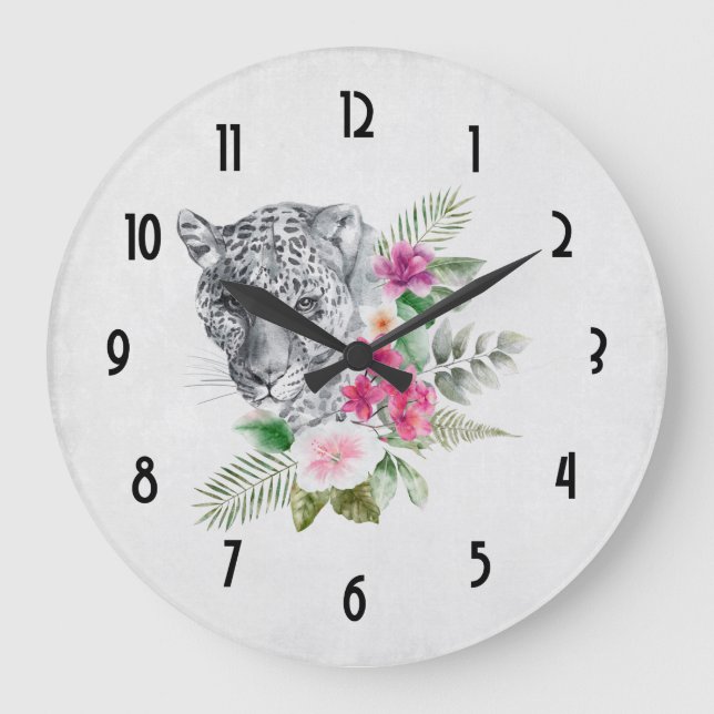 Relógio Grande Belo retrato da cabeça-leopardo em Watercolor (Frente)