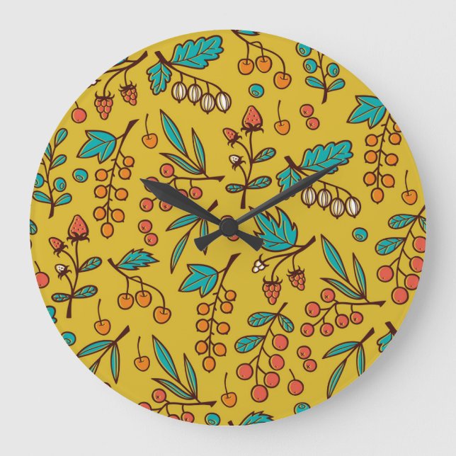 Relógio Grande Berries em galhos, padrão natural sem costura. (Frente)