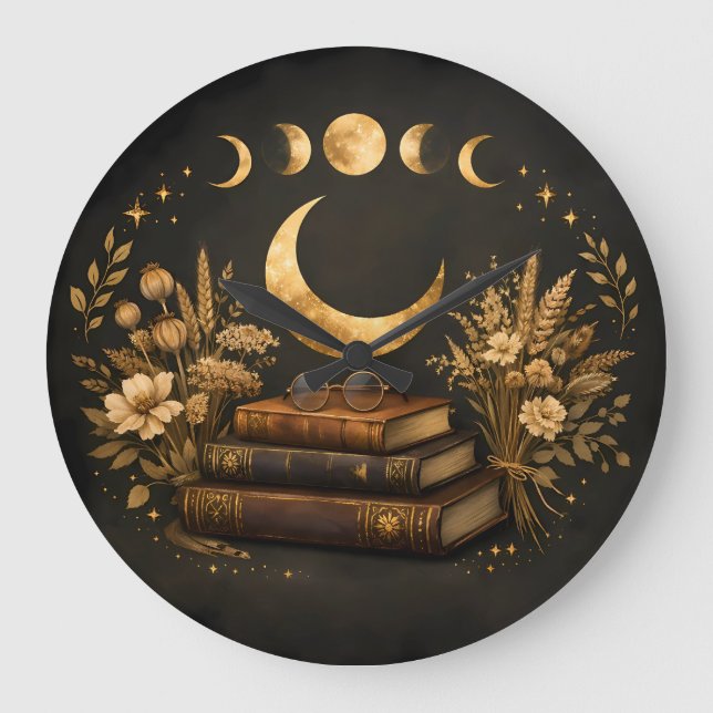 Relógio Grande Biblioteca Mística Dourada & Arte Boho Botânica da (Frente)