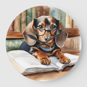 Relógio Grande Biblioteca Vintage Watercolor Dachshund