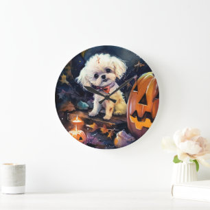Relógio Grande Bichon Frise de Halloween com Abóboras Assustadora