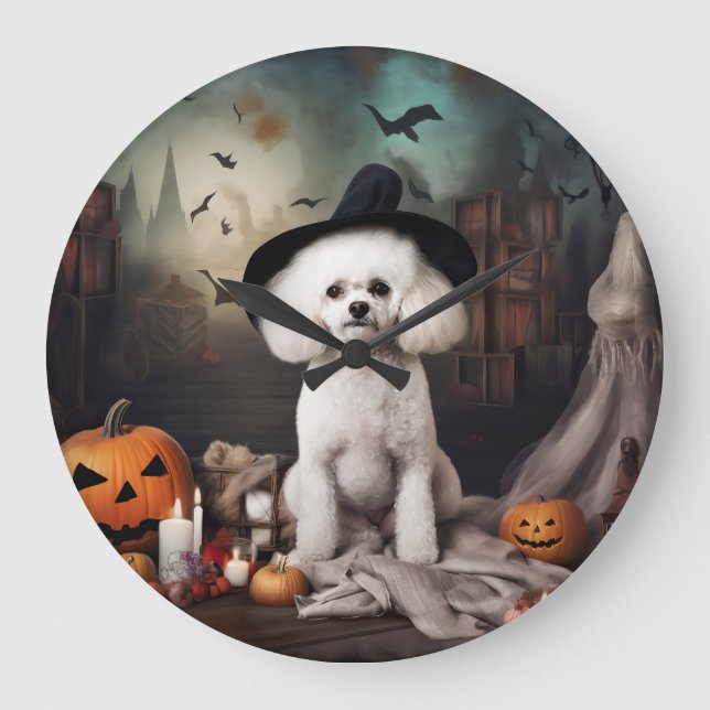 Relógio Grande Bichon Frise Pumpkins Halloween Scary (Frente)