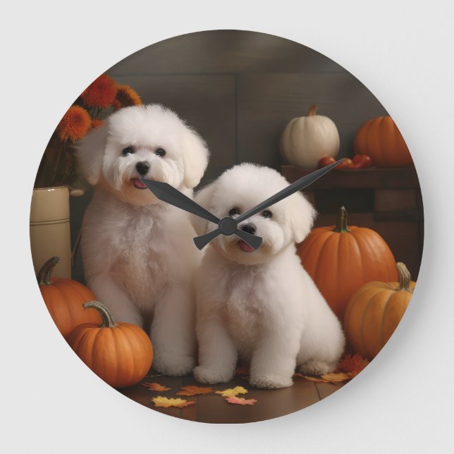 Relógio Grande Bichon Frise Puppy Autumn Delight Pumpkin (Frente)