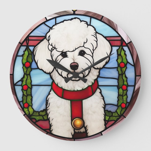 Relógio Grande Bichon Frise StainGlass Natal (Frente)