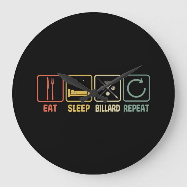 Relógio Grande Billiard Eat Sleep Repeat Retro Style Slogan (Frente)