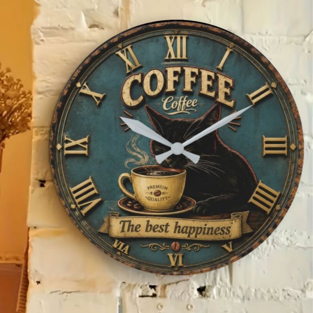 Relógio Grande Black Cat Coffee Lover Farmhouse Kitchen Decor (Criador carregado)