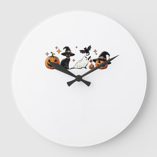Relógio Grande Black Cat Halloween Pumpkin Boo Ghost Witch Spooky (Frente)