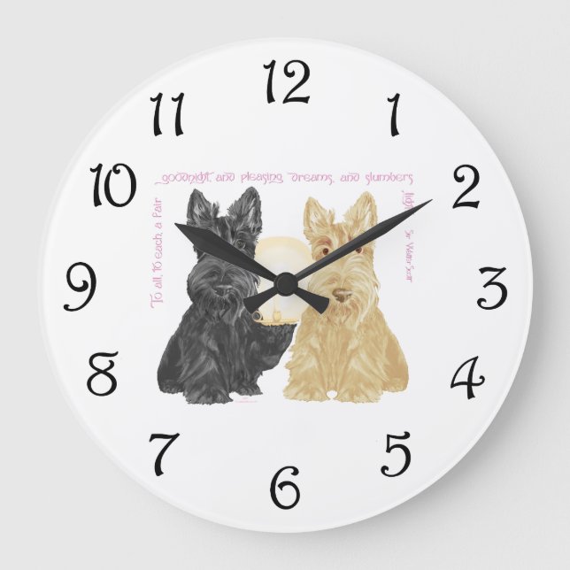 Relógio Grande Black & Wheaten Goodnight Scotties (Frente)