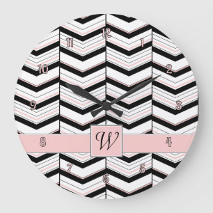 Relógio Grande Black White and Blush Chevron Clock