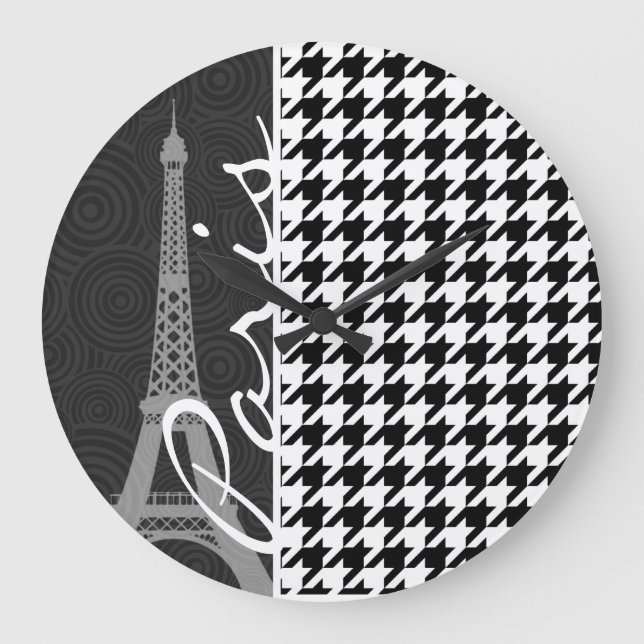 Relógio Grande Black & White Houndstooth; Paris (Frente)