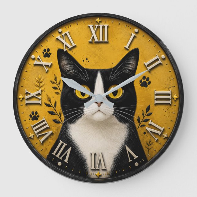 Relógio Grande Black & White Tuxedo Cat Home Decor (Frente)