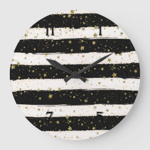 Relógio Grande Black White Watercolor Strike Douradas Estrelas da