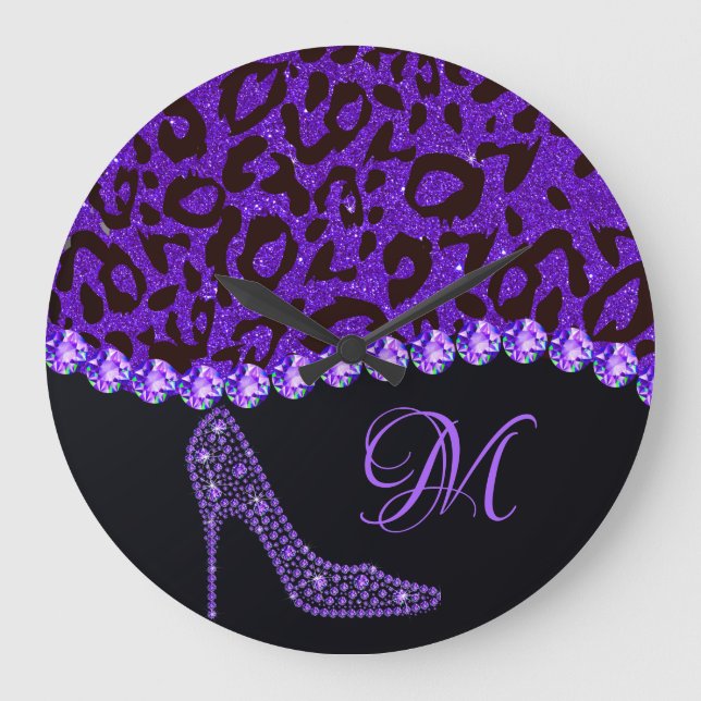 Relógio Grande Bling Sparkle Diamond Glitter Leopard Purple (Frente)