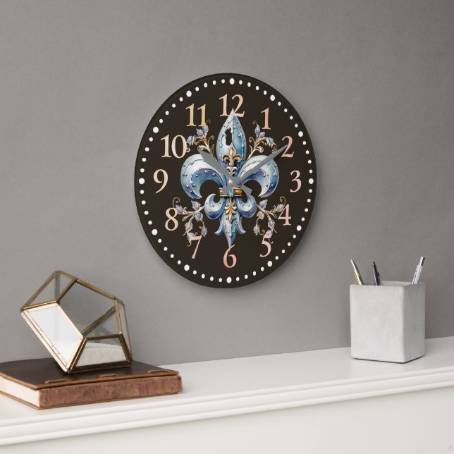 Relógio Grande Blue Fleur de Lys Wall Clock (Escritório)