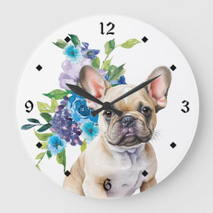 Relógio Grande Blue Floral Buquê Buldogue Francês