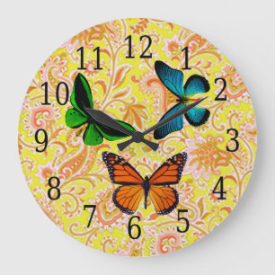 Relógio Grande Blue, Green, Orange Butterflies On Paisley Clock