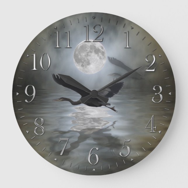 Relógio Grande Blue Heron & Moon Wildlife Fantasy Wall Clock (Frente)