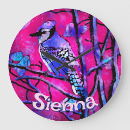 Relógio Grande Blue Jay Bird Tree Branch Pink Personalized 