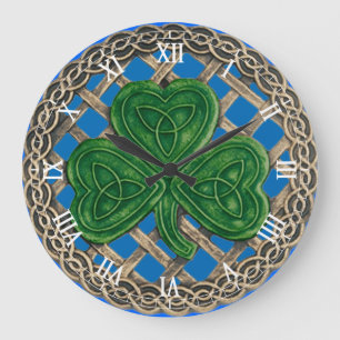 Relógio Grande Blue Shamrock & Celtic Knots Roman Numeral Clock