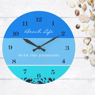 Relógio Grande Blue Strike Ocean Waves Nome Família Beach House