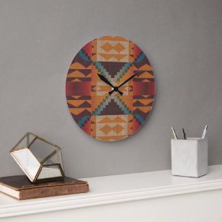 Relógio Grande Blue Teal Dark Beige Orange Red Tribal Art