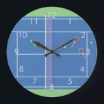 Relógio Grande Blue Tennis Court Modern Tennis Player<br><div class="desc">Personalized classic tennis court design in blue with classic, chic, preppy & elegant tennis rackets and green tennis balls. Simple, minimalist gift for your tennis coach or tennis team. Personalized Gift for a tennis player. Blue tennis court illustration. Trendy tennis players home decor. Trendy modern tennis player gifts. Cool retro...</div>