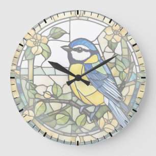 Relógio Grande Blue Tit Faux Vidro Estido Bluetite Bird Clock