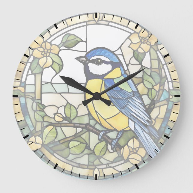 Relógio Grande Blue Tit Faux Vidro Estido Bluetite Bird Clock (Frente)