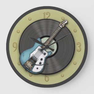 Relógio Grande Blue Vintage Guitar e Vinyl Record Wall Clock