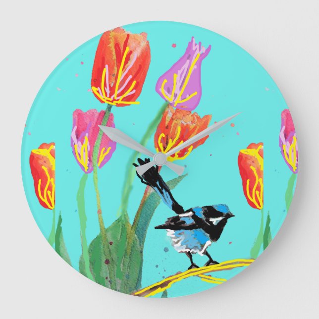 Relógio Grande Blue Wren Blue Birds Pintado Art Wall Clock (Frente)