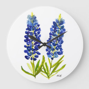 Relógio Grande Bluebonnets Texas State Flowers Lupine Watercolor