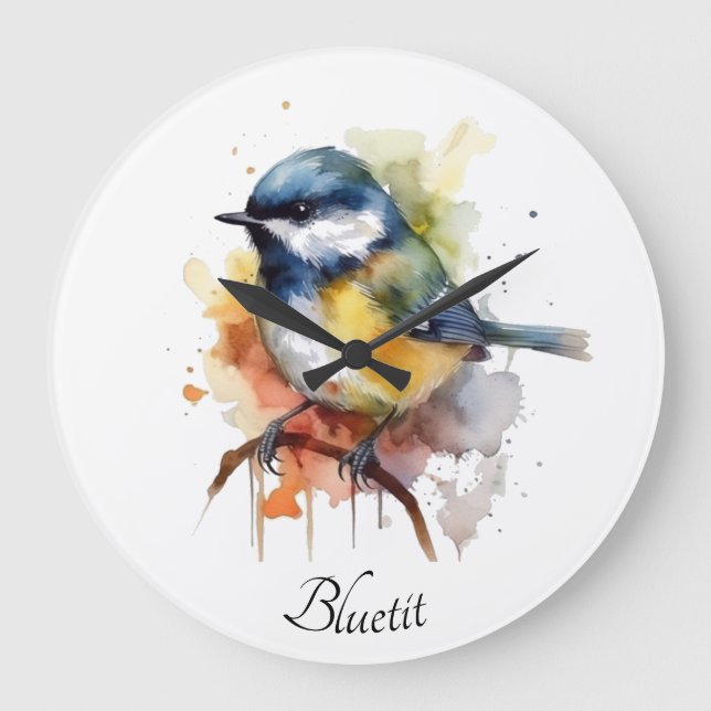 Relógio Grande Bluetit bonito em uma ramificação, personalizado (Frente)