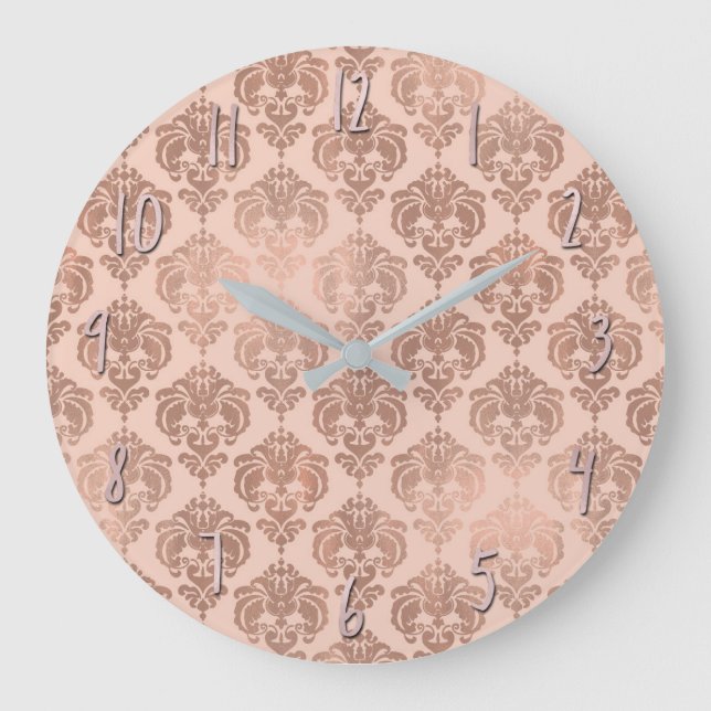 Relógio Grande Blush Rosa Dourado Rosa Glam Moderno Damask (Frente)