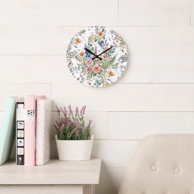 Relógio Grande Boho Floral Celestial Lua  & Cobras Botânico (Sala de leitura)