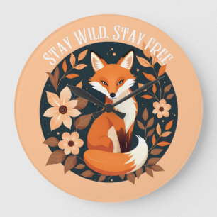 Relógio Grande Boho Fox "Fique Selvagem, Fique Livre" Design Flor